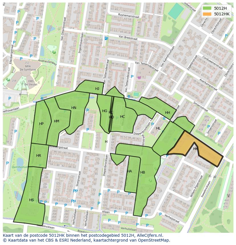 Afbeelding van het postcodegebied 5012 HK op de kaart.