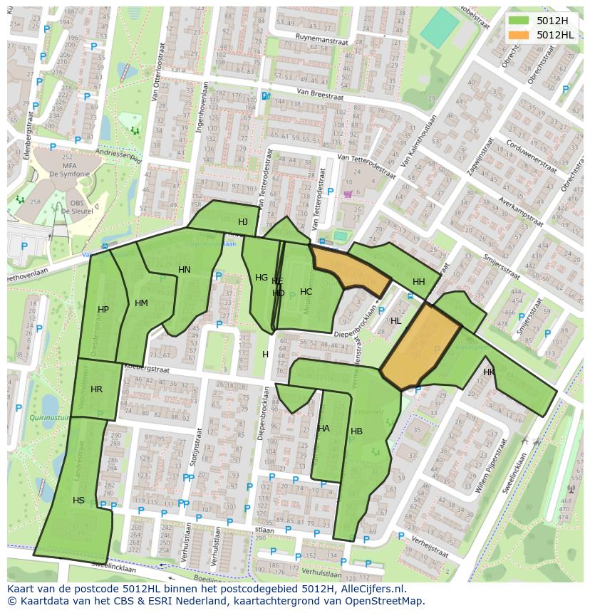 Afbeelding van het postcodegebied 5012 HL op de kaart.
