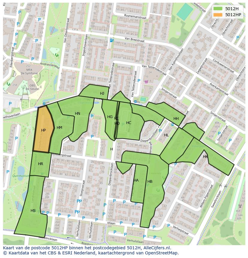 Afbeelding van het postcodegebied 5012 HP op de kaart.
