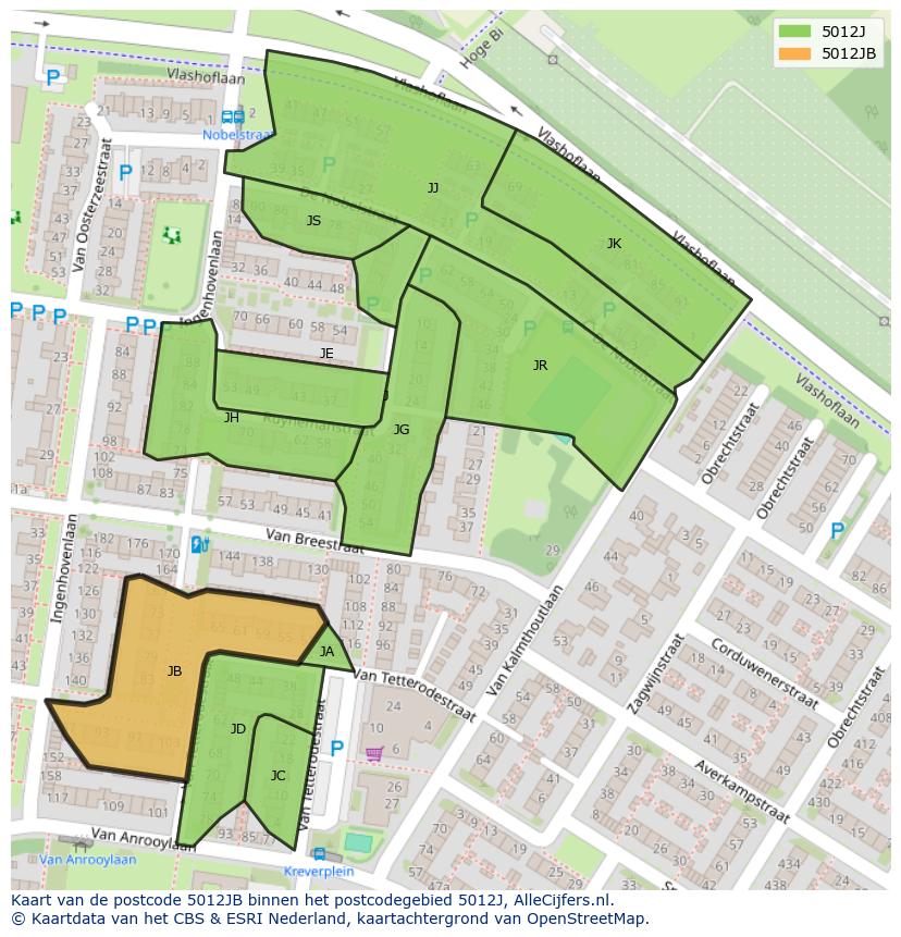 Afbeelding van het postcodegebied 5012 JB op de kaart.