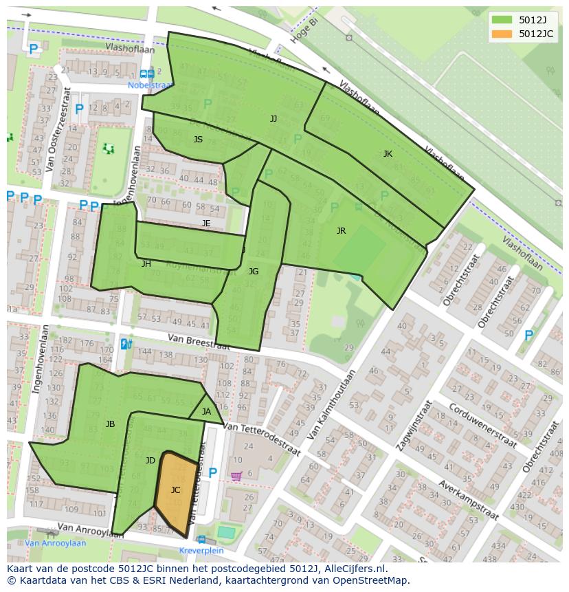 Afbeelding van het postcodegebied 5012 JC op de kaart.