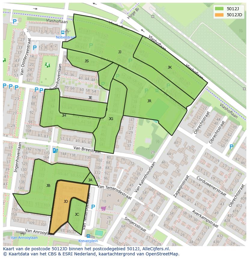 Afbeelding van het postcodegebied 5012 JD op de kaart.