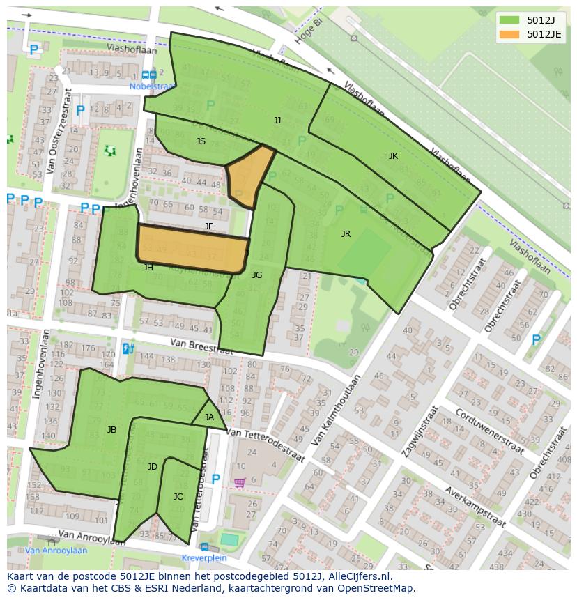 Afbeelding van het postcodegebied 5012 JE op de kaart.