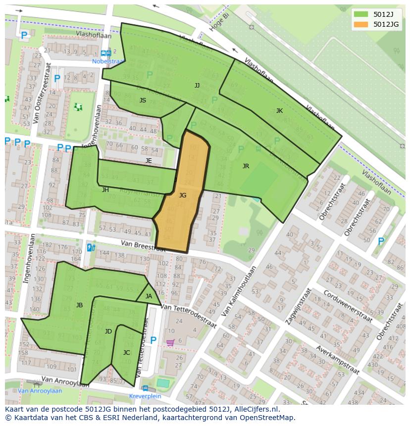 Afbeelding van het postcodegebied 5012 JG op de kaart.