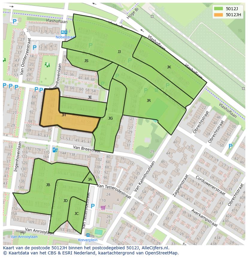 Afbeelding van het postcodegebied 5012 JH op de kaart.