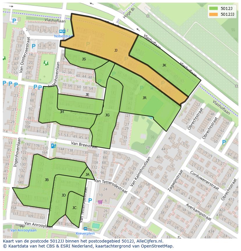 Afbeelding van het postcodegebied 5012 JJ op de kaart.
