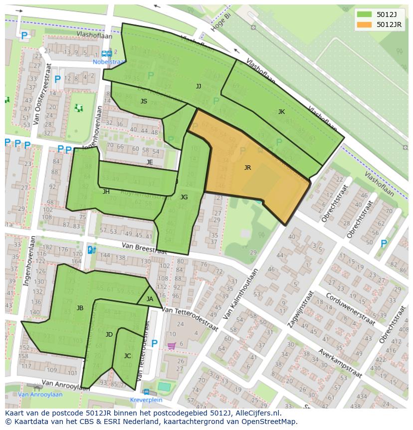 Afbeelding van het postcodegebied 5012 JR op de kaart.