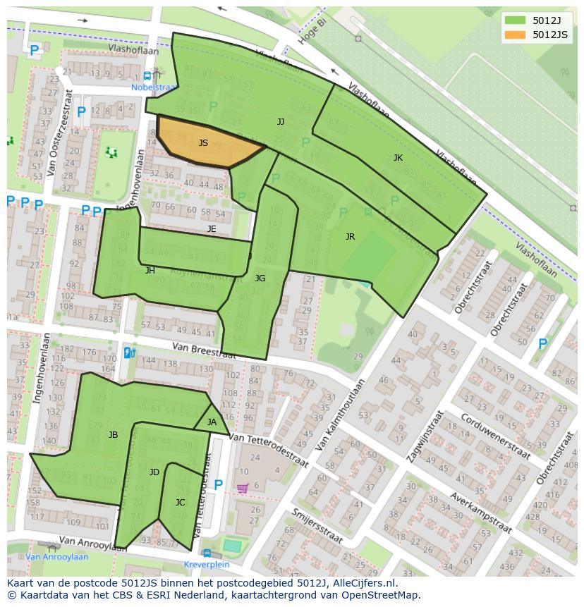 Afbeelding van het postcodegebied 5012 JS op de kaart.