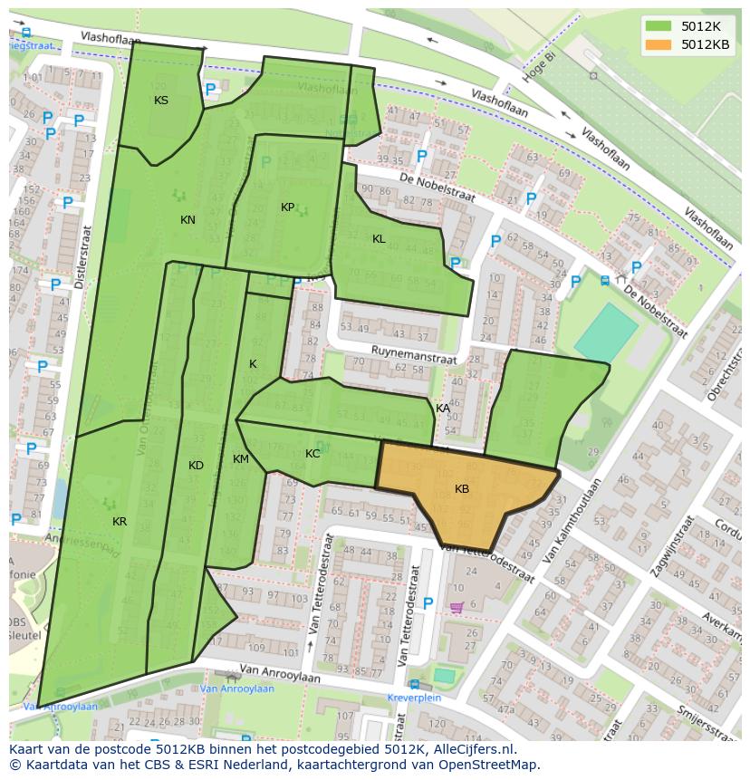 Afbeelding van het postcodegebied 5012 KB op de kaart.