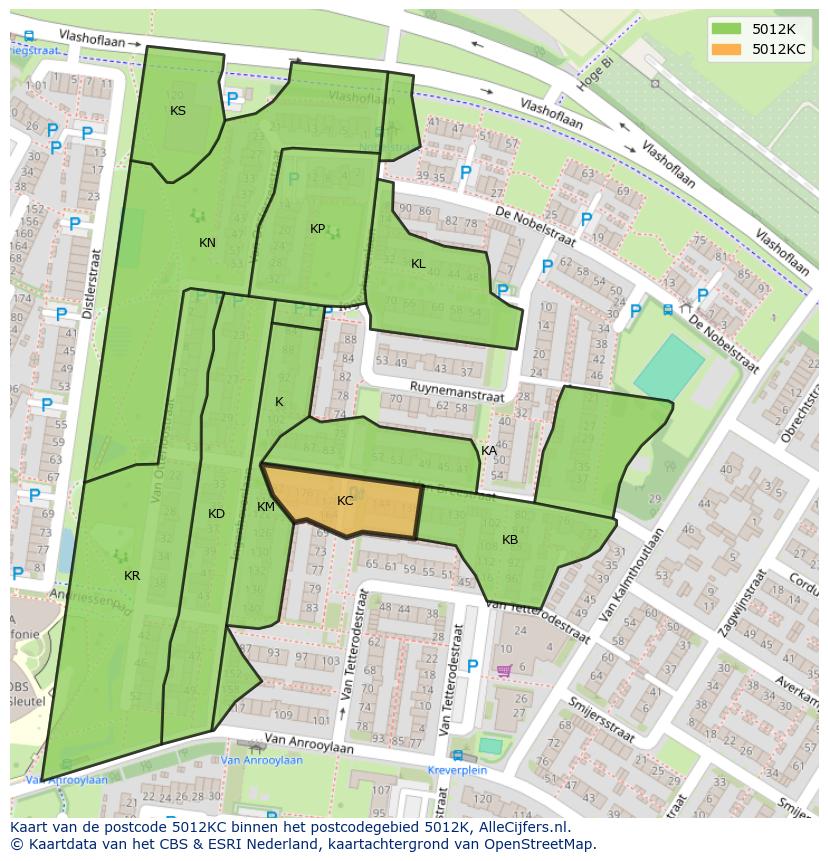 Afbeelding van het postcodegebied 5012 KC op de kaart.