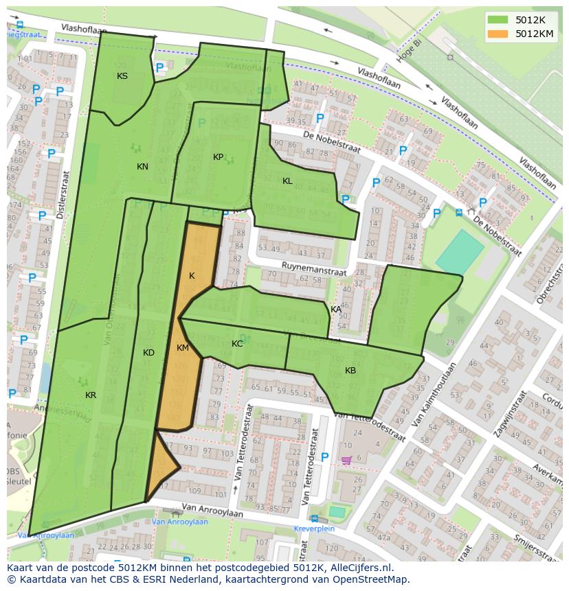 Afbeelding van het postcodegebied 5012 KM op de kaart.