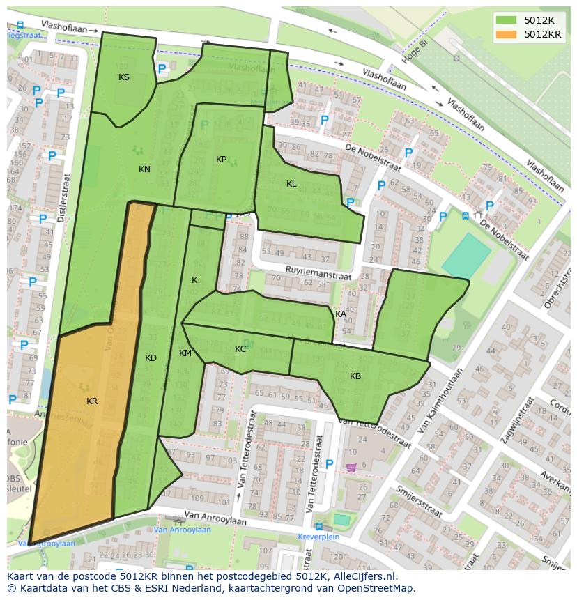 Afbeelding van het postcodegebied 5012 KR op de kaart.