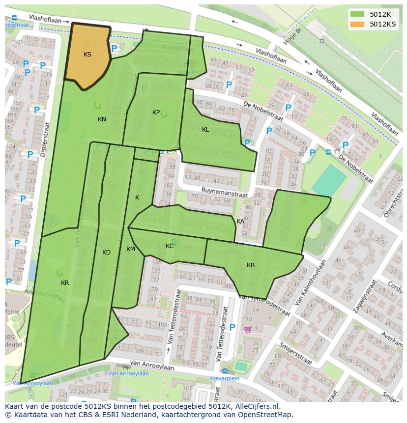 Afbeelding van het postcodegebied 5012 KS op de kaart.