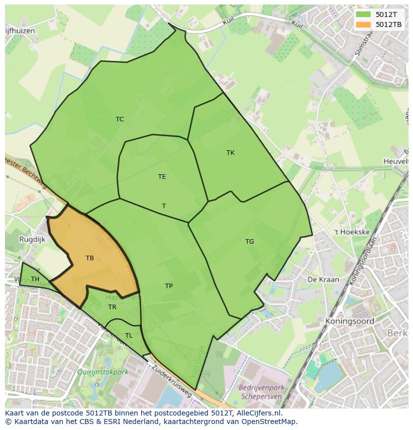 Afbeelding van het postcodegebied 5012 TB op de kaart.