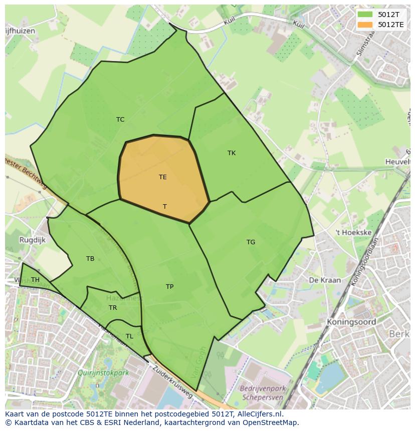 Afbeelding van het postcodegebied 5012 TE op de kaart.