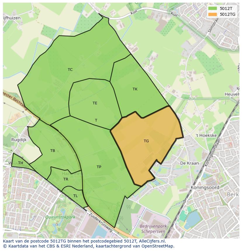 Afbeelding van het postcodegebied 5012 TG op de kaart.