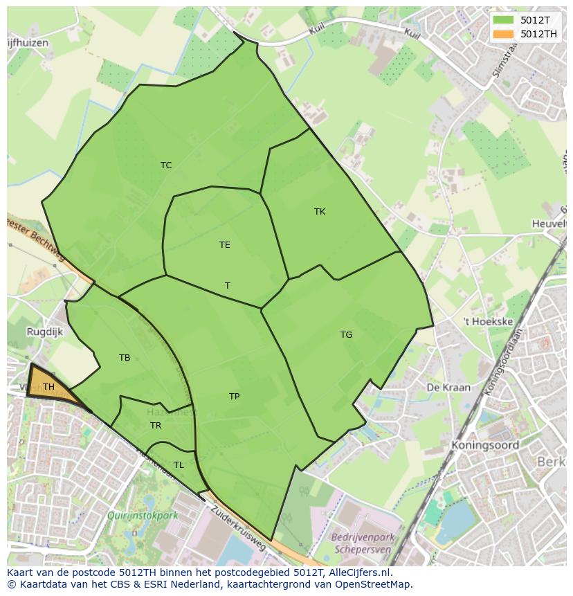 Afbeelding van het postcodegebied 5012 TH op de kaart.