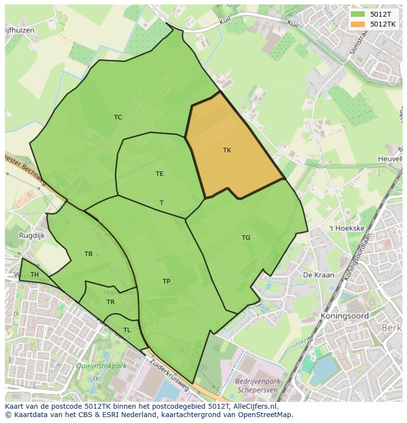 Afbeelding van het postcodegebied 5012 TK op de kaart.