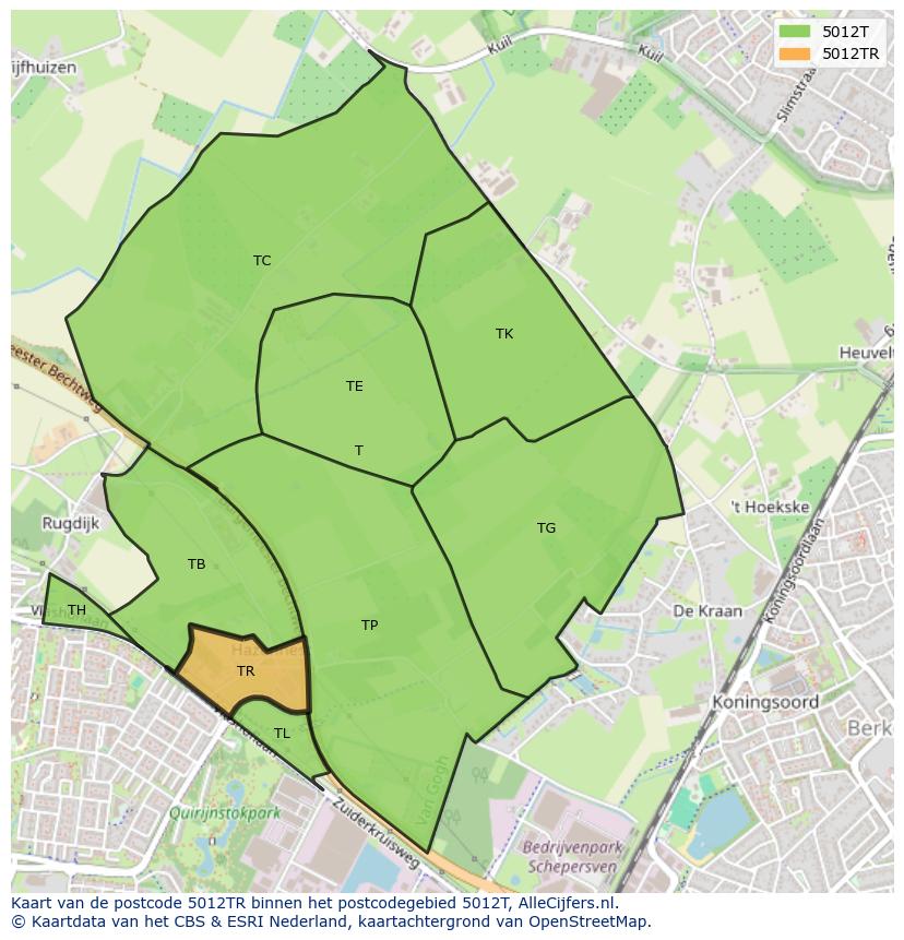 Afbeelding van het postcodegebied 5012 TR op de kaart.