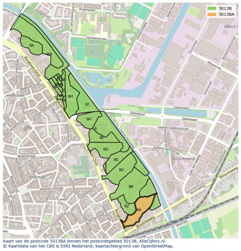 Afbeelding van het postcodegebied 5013 BA op de kaart.
