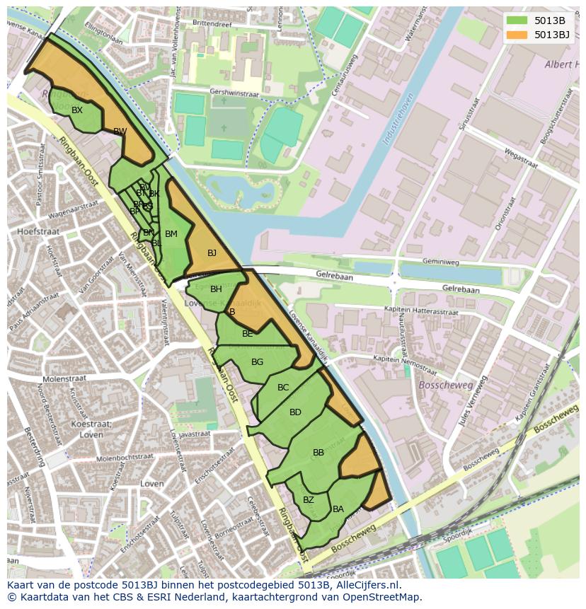 Afbeelding van het postcodegebied 5013 BJ op de kaart.