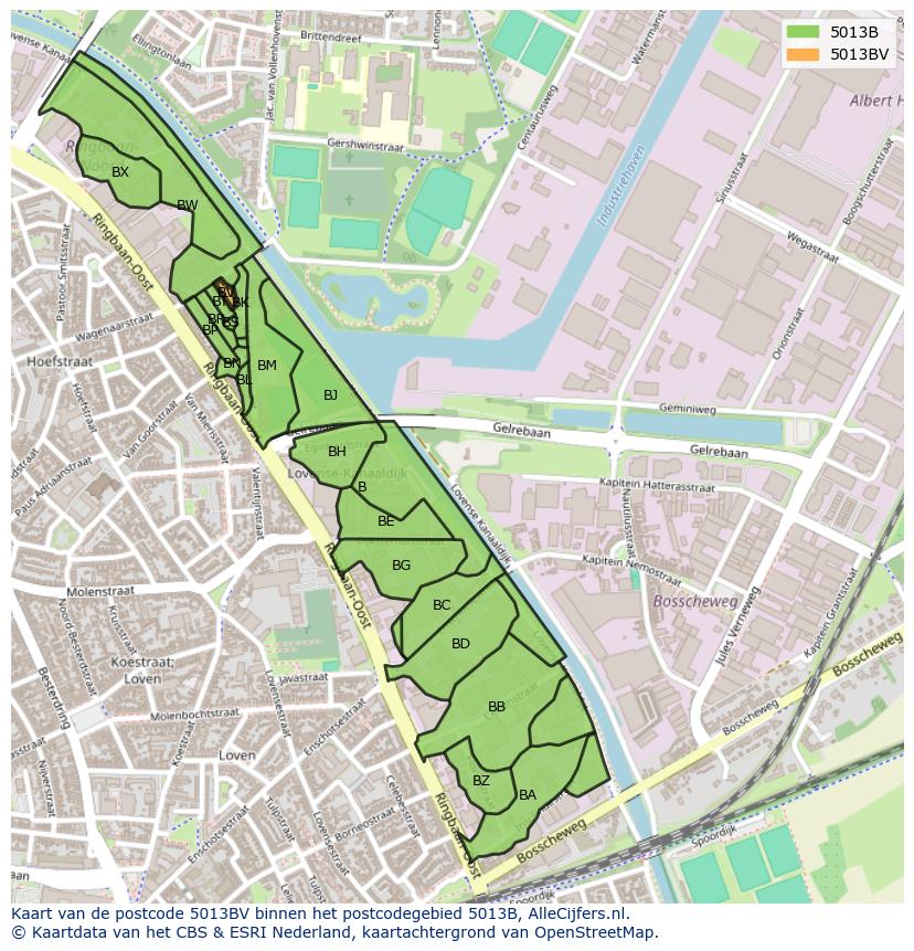 Afbeelding van het postcodegebied 5013 BV op de kaart.