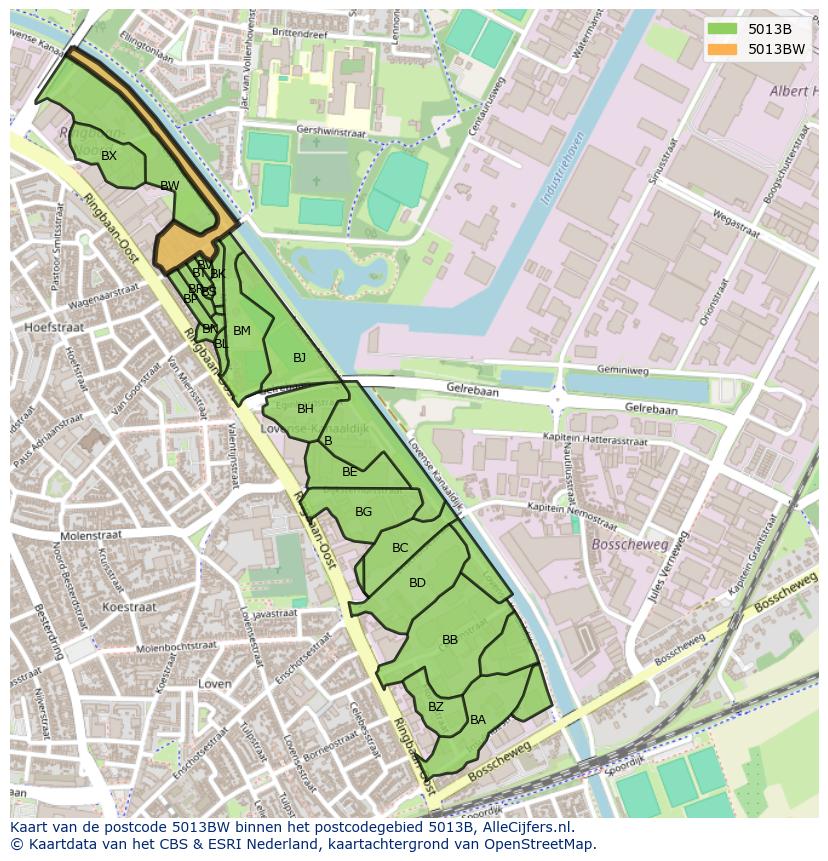 Afbeelding van het postcodegebied 5013 BW op de kaart.