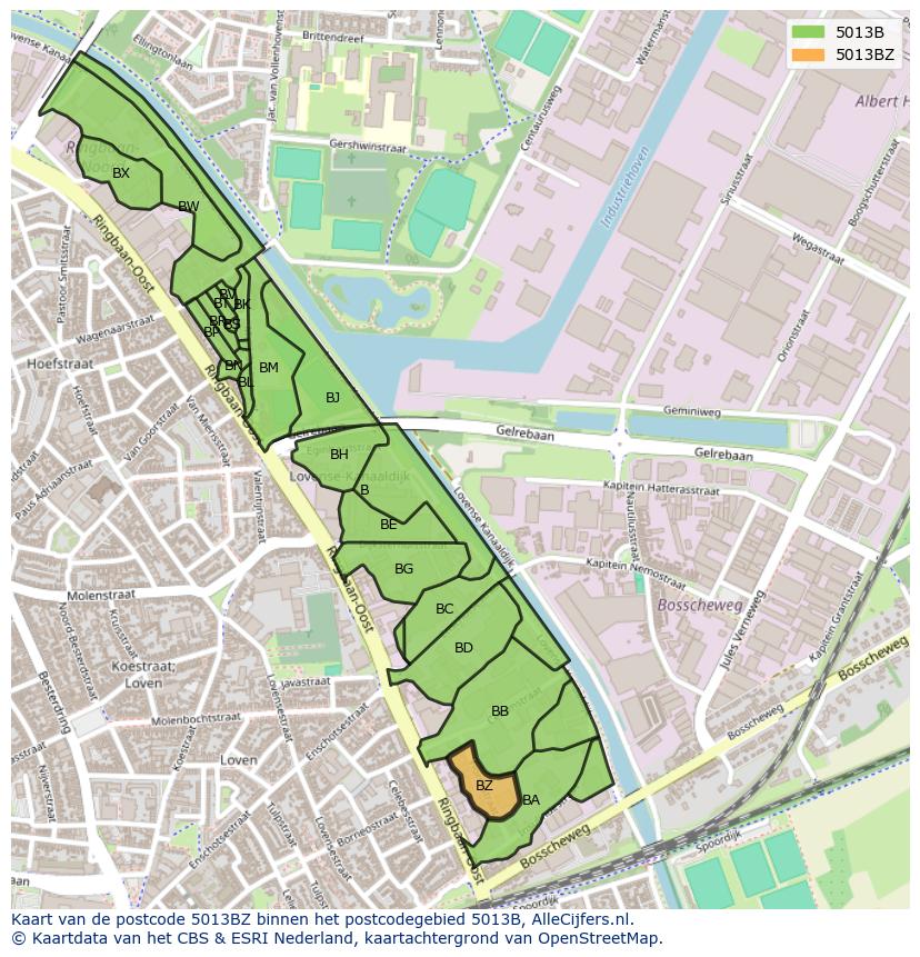 Afbeelding van het postcodegebied 5013 BZ op de kaart.
