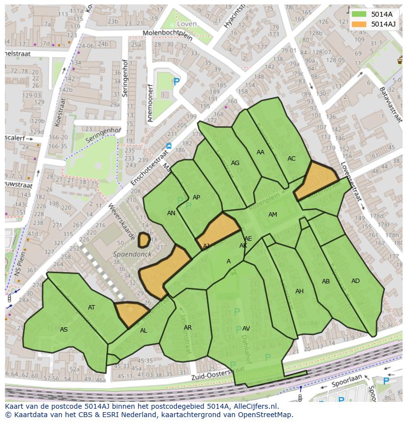 Afbeelding van het postcodegebied 5014 AJ op de kaart.