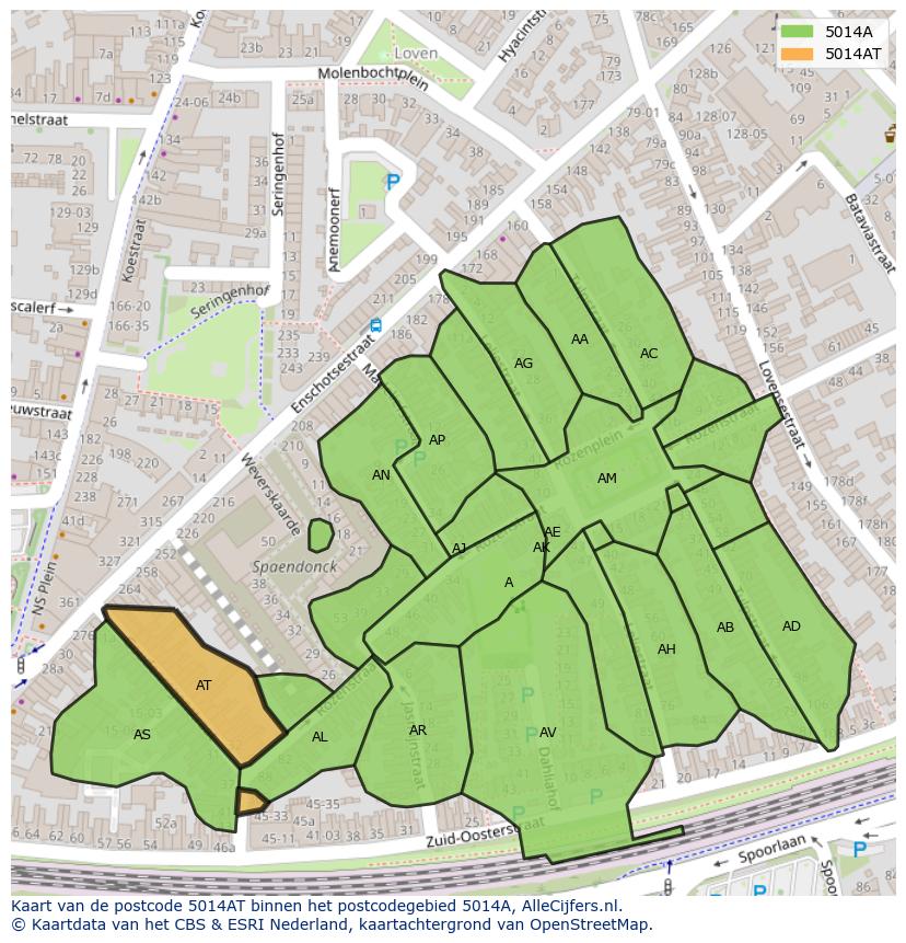 Afbeelding van het postcodegebied 5014 AT op de kaart.