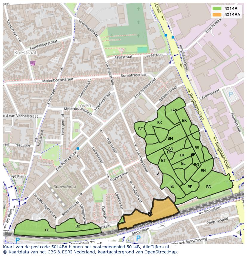 Afbeelding van het postcodegebied 5014 BA op de kaart.