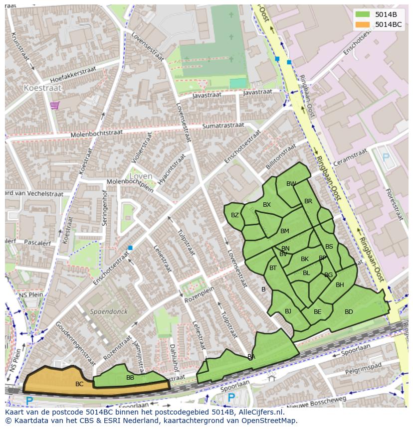 Afbeelding van het postcodegebied 5014 BC op de kaart.