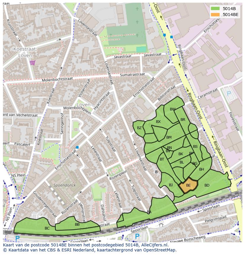 Afbeelding van het postcodegebied 5014 BE op de kaart.