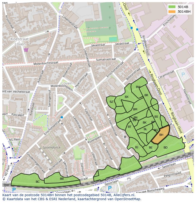 Afbeelding van het postcodegebied 5014 BH op de kaart.