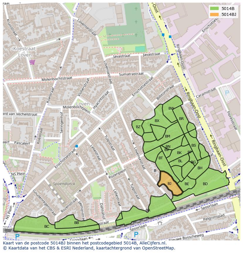 Afbeelding van het postcodegebied 5014 BJ op de kaart.