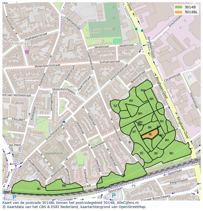 Afbeelding van het postcodegebied 5014 BL op de kaart.