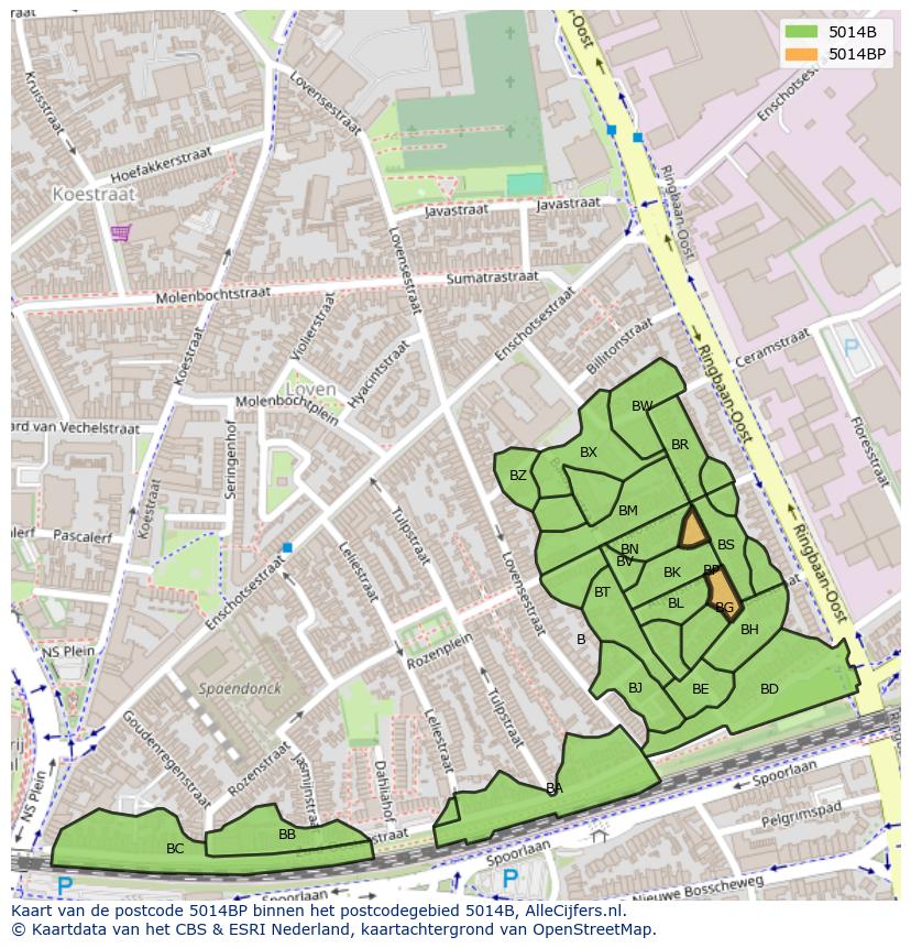 Afbeelding van het postcodegebied 5014 BP op de kaart.