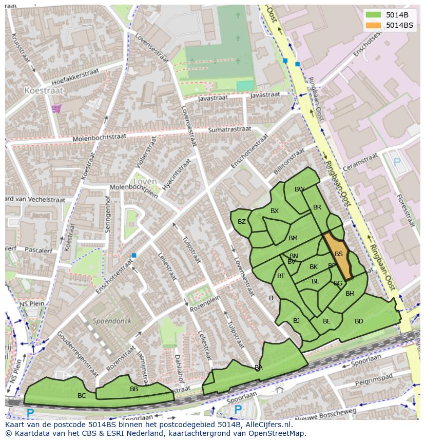 Afbeelding van het postcodegebied 5014 BS op de kaart.