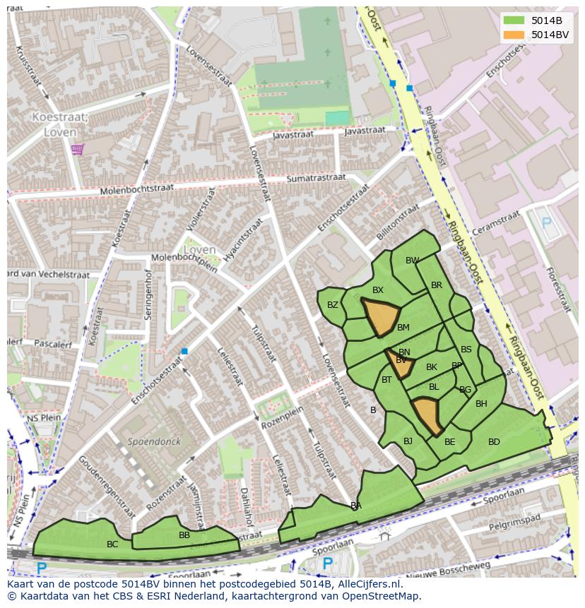 Afbeelding van het postcodegebied 5014 BV op de kaart.