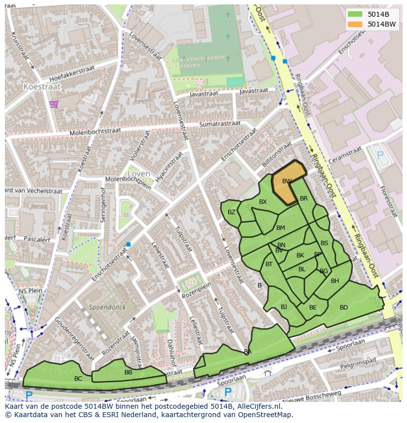 Afbeelding van het postcodegebied 5014 BW op de kaart.