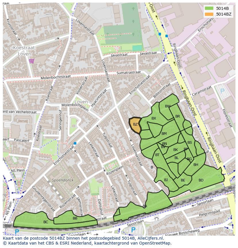 Afbeelding van het postcodegebied 5014 BZ op de kaart.