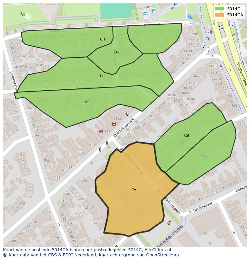 Afbeelding van het postcodegebied 5014 CA op de kaart.