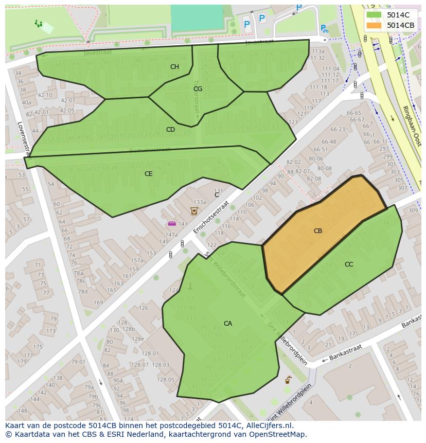 Afbeelding van het postcodegebied 5014 CB op de kaart.