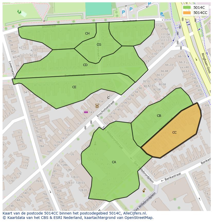 Afbeelding van het postcodegebied 5014 CC op de kaart.