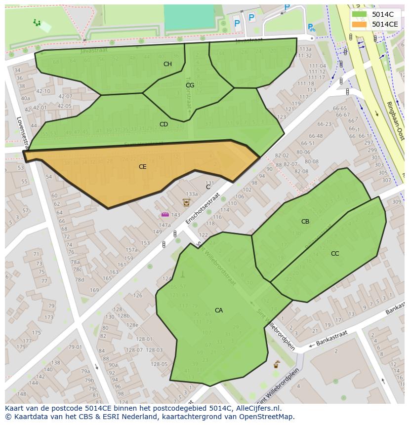 Afbeelding van het postcodegebied 5014 CE op de kaart.