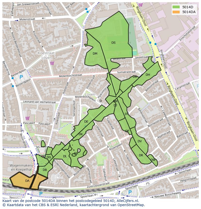Afbeelding van het postcodegebied 5014 DA op de kaart.