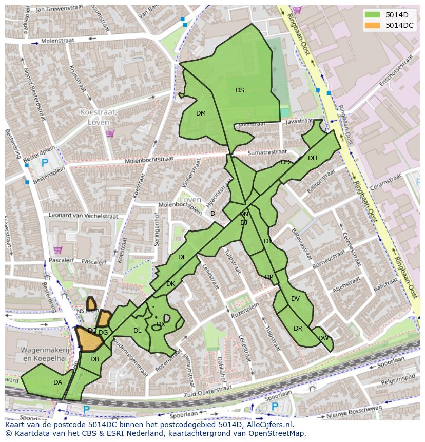 Afbeelding van het postcodegebied 5014 DC op de kaart.