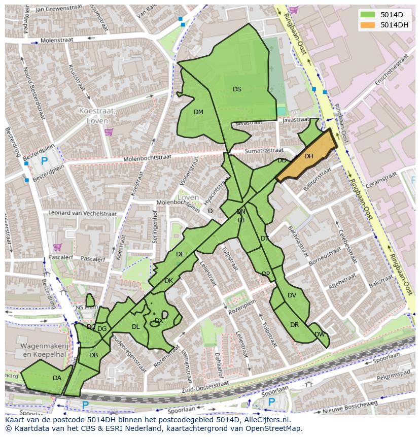 Afbeelding van het postcodegebied 5014 DH op de kaart.