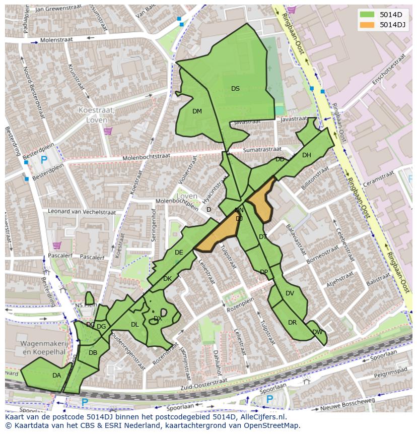 Afbeelding van het postcodegebied 5014 DJ op de kaart.