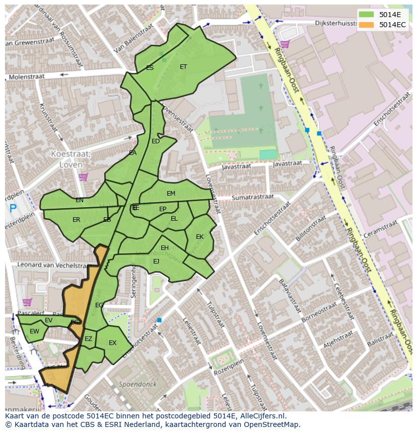 Afbeelding van het postcodegebied 5014 EC op de kaart.